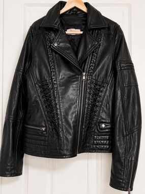 Women’s Black Leather Lace-Up Moto Jacket